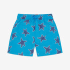 Blue starfish print UV protective swim shorts with an elasticated waist and drawstring tie.